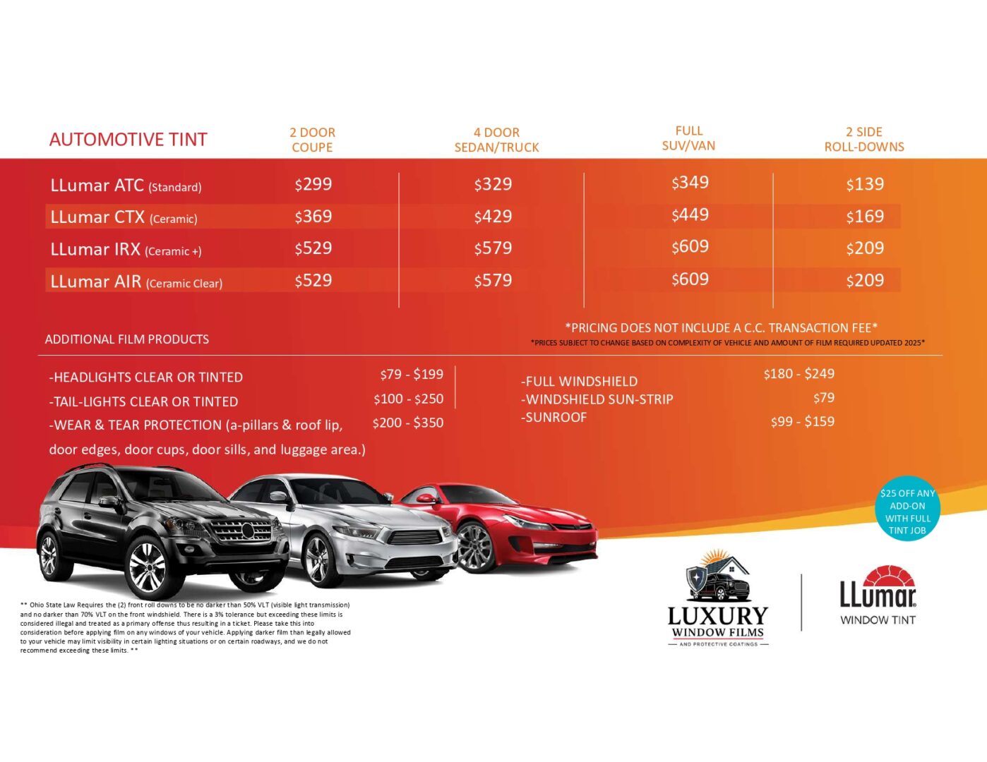 Automotive window tint pricing and details.