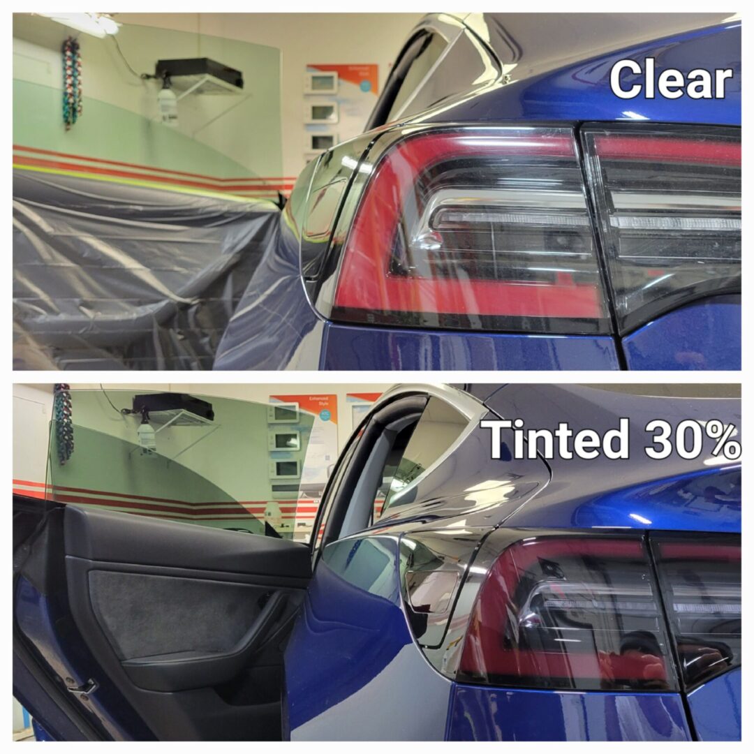 Clear vs. 30% tinted car window comparison.