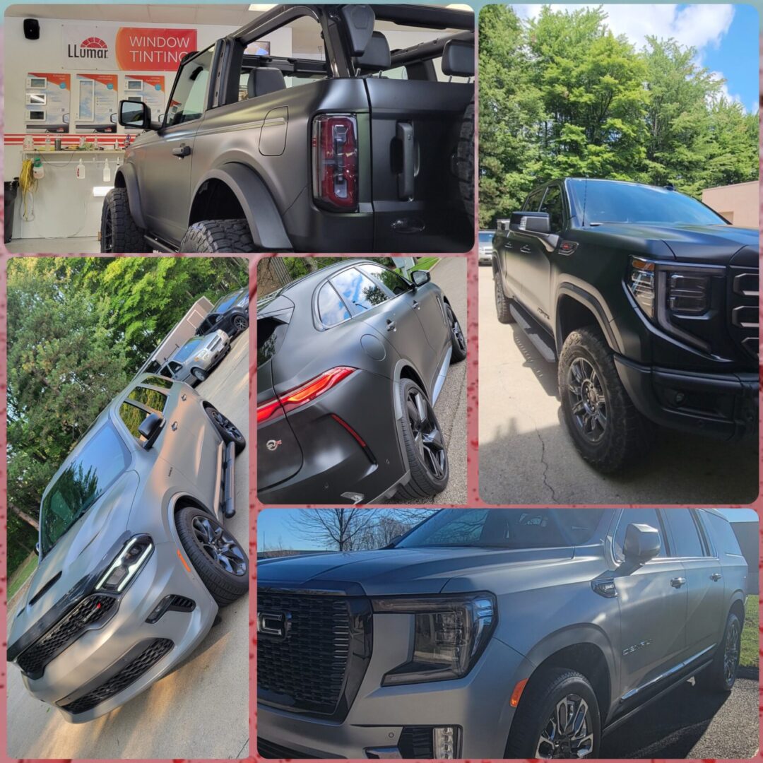 Multiple cars with tinted windows displayed outside.